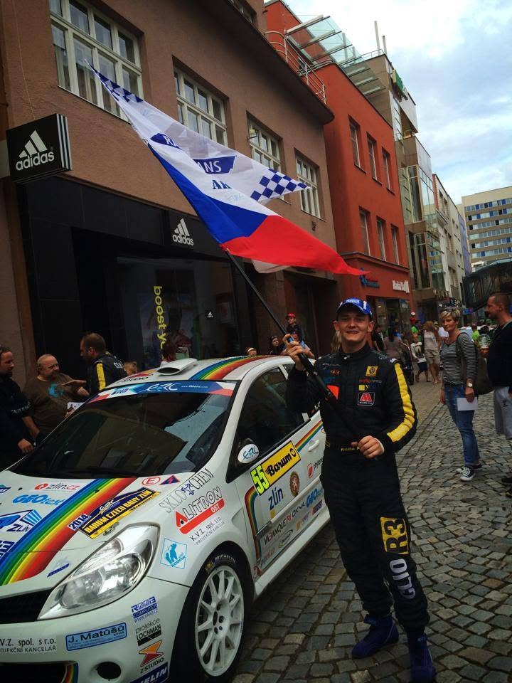 Club driver with the Czech flag at Barum Czech Rally Zlín